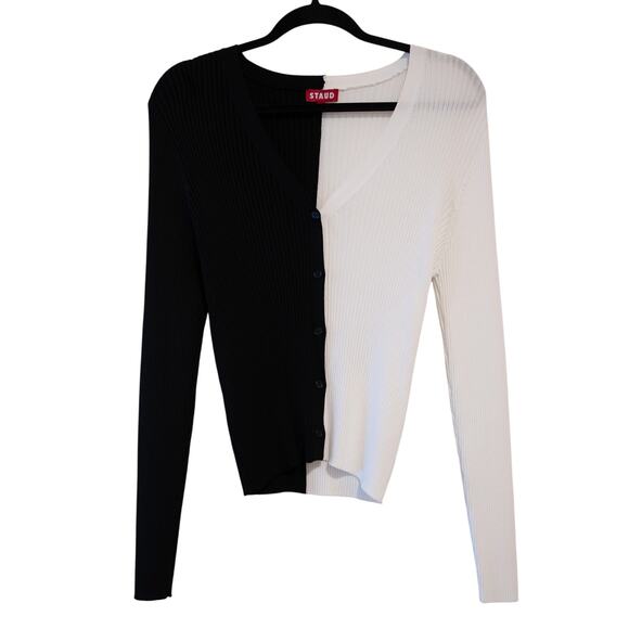 Staud Cargo Sweater Cardigan Black White Two Tone Ribbed Knit SZ L - Picture 2 of 6